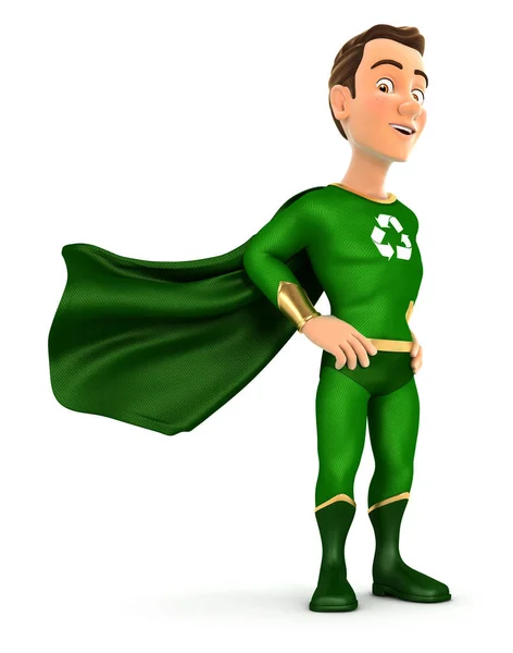 3D grüner Held steht mit Umhang im Wind — Stockfoto