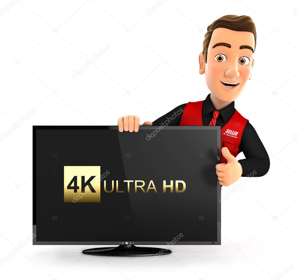 3d seller with 4K ultra HD television and thumb up