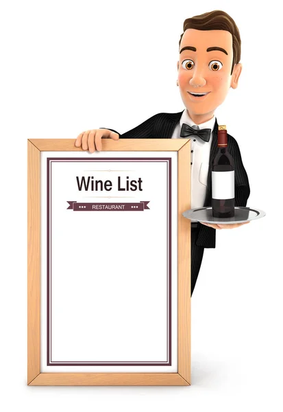 3d waiter with wine list — Stock Photo, Image