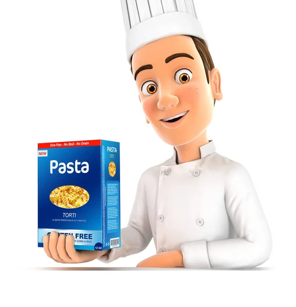 3D-chef-kok presenteert pack van pasta — Stockfoto