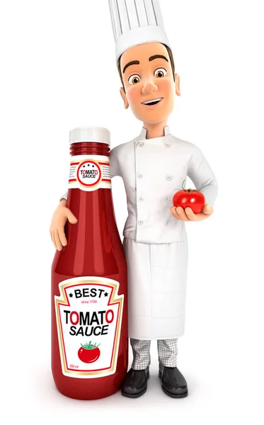 Chef cabeça 3d de pé ao lado de garrafa de molho de tomate — Fotografia de Stock