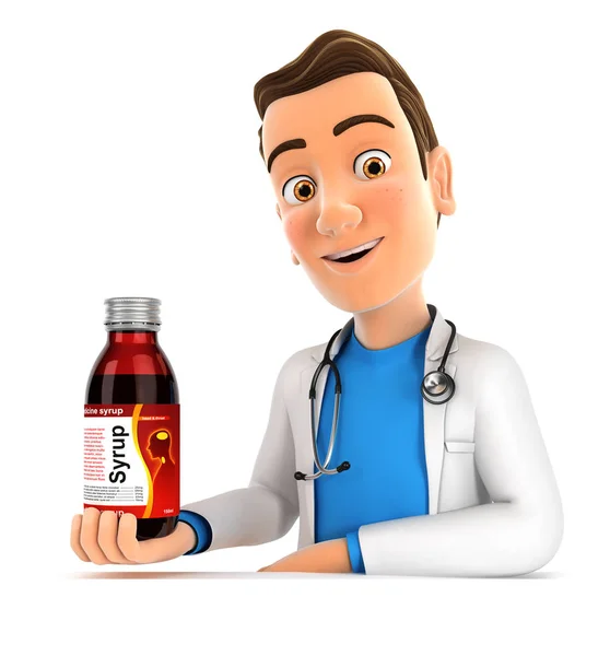 3d médico presentando botella de jarabe grande — Foto de Stock