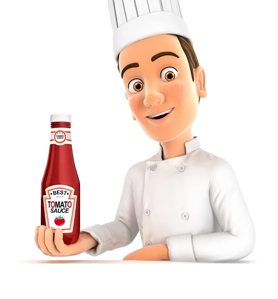 3D-chef-kok presenteert tomaat saus fles — Stockfoto