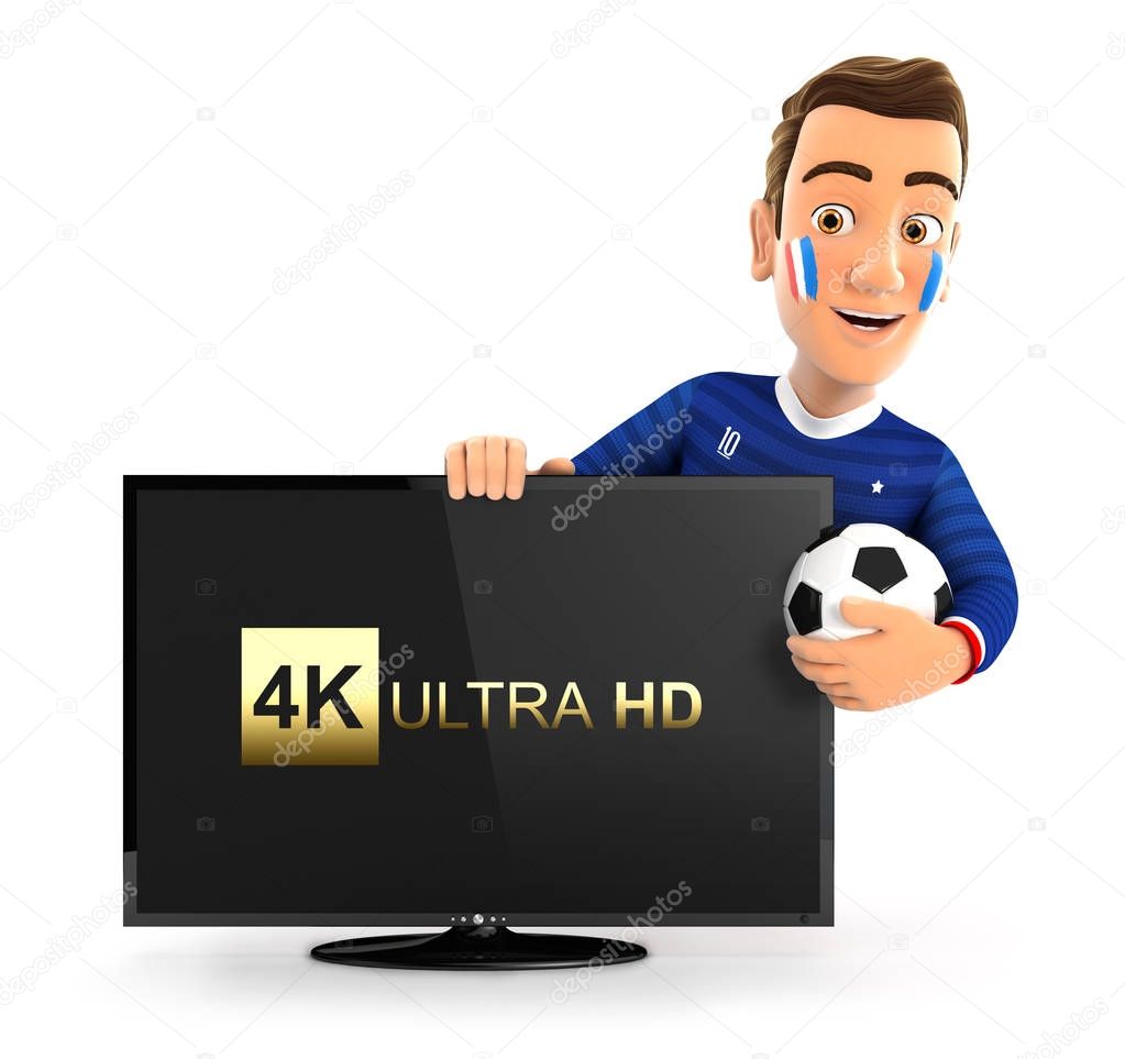 3d french soccer fan with 4K ultra HD television