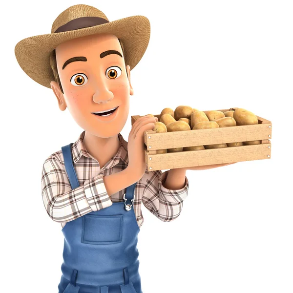 3D jordbrukare hålla låda av potatis — Stockfoto