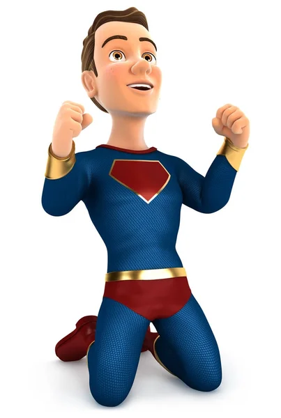 Dizlerinin üzerinde 3D başarılı süper kahraman — Stok fotoğraf