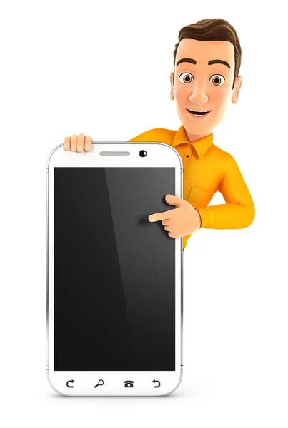 3d hombre apuntando a teléfono inteligente en blanco — Foto de Stock