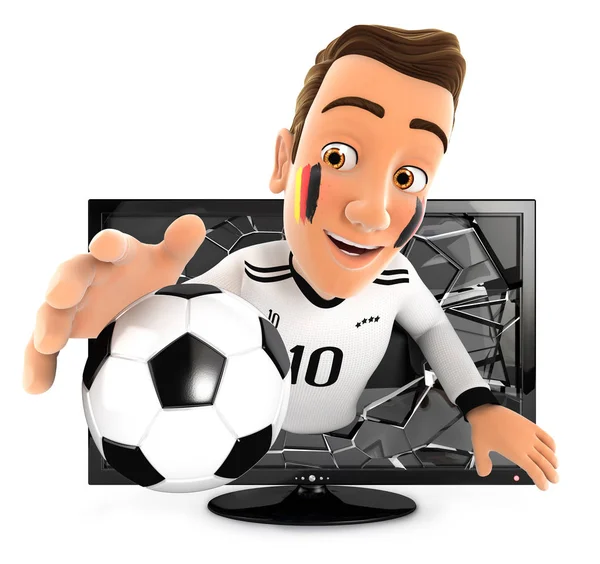 3d alemán fanático del fútbol que sale de la televisión — Foto de Stock
