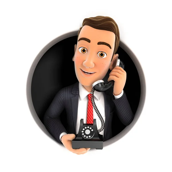 3d businessman making phone call inside circular hole — Stock Photo, Image