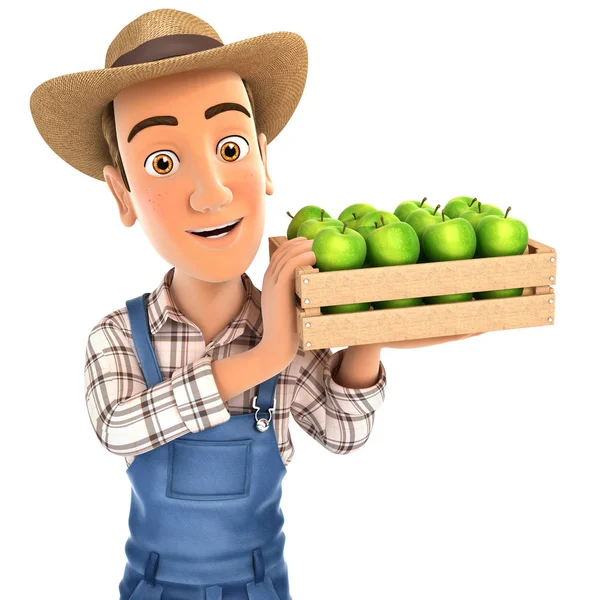 3d agricoltore che detiene una cassa di mele — Foto Stock