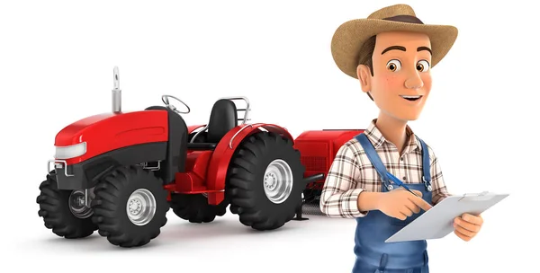 Agricultor 3d com bloco de notas na frente do trator — Fotografia de Stock