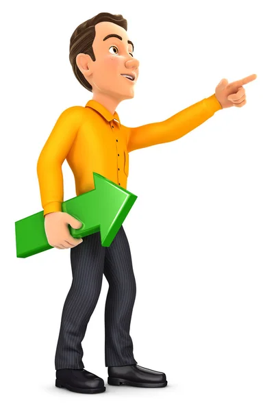 3d man holding green arrow and pointing direction — Stock Photo, Image