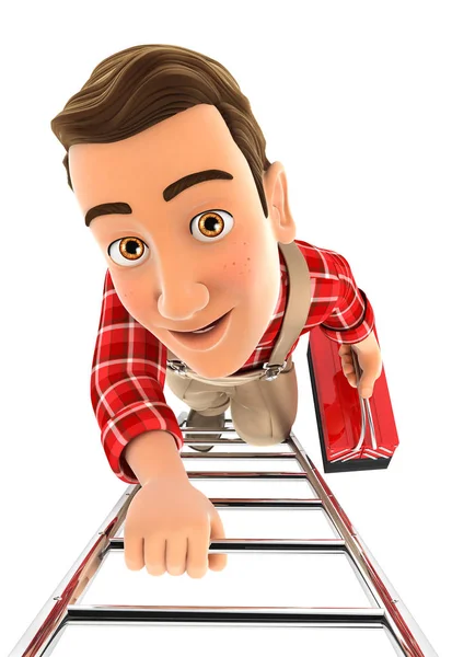 3d handyman climbing up the ladder — Stock Photo, Image