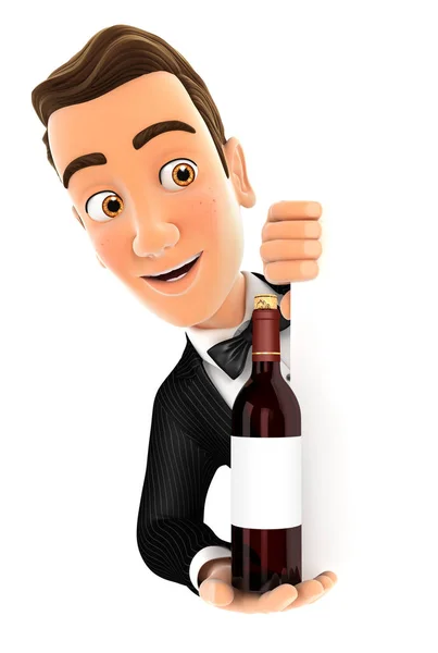 3d waiter behind left wall and holding red wine bottle — Stock Photo, Image