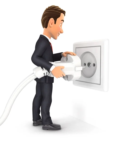 3d businessman plugging power cord into outlet — Stock Photo, Image