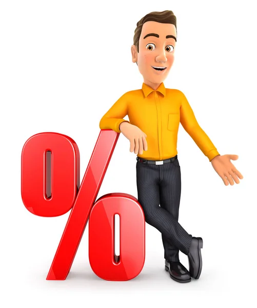 3D muž opírající se o znak procenta — Stock fotografie