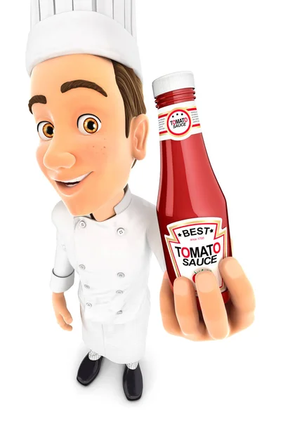 3d chef-kok met tomatensaus fles — Stockfoto