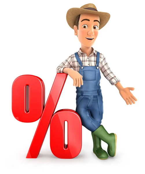 3d farmer leaning against percent sign — Stock Photo, Image