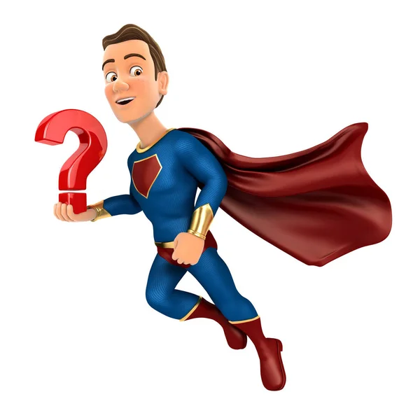 3d superbohater latający i trzymający znak zapytania — Zdjęcie stockowe