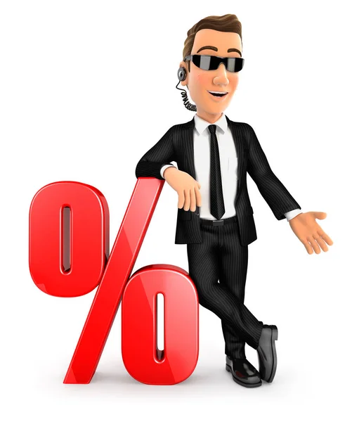 3d security agent leaning against percent sign — Stock Photo, Image