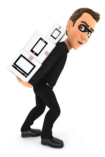 Ladro 3d portando pila di scatole di cartone sulla schiena — Foto Stock