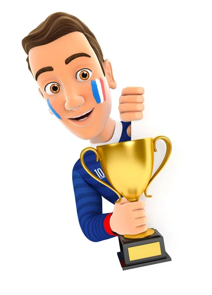Francuski Fan Piłki Nożnej Lewą Ścianą Trzymając Puchar Trofeum Ilustracja — Zdjęcie stockowe