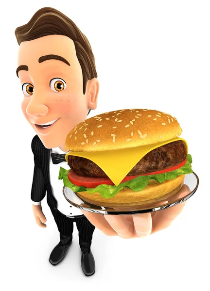 3D garson elinde hamburgerle — Stok fotoğraf