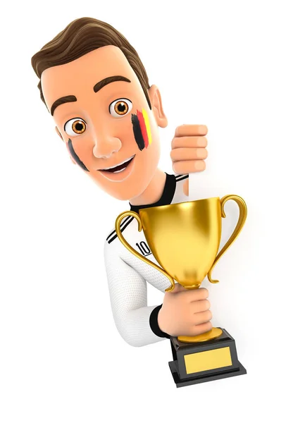 Niemiecki Fan Piłki Nożnej Lewą Ścianą Trzymając Puchar Trofeum Ilustracja — Zdjęcie stockowe