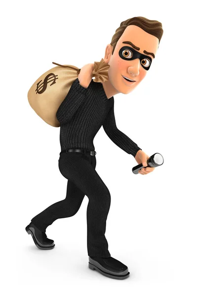 Ladrão 3d levando saco de dinheiro em suas costas — Fotografia de Stock
