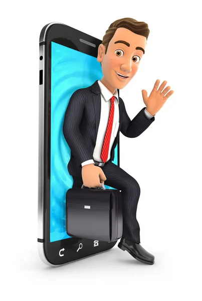 3d businessman coming out of smartphone — 스톡 사진