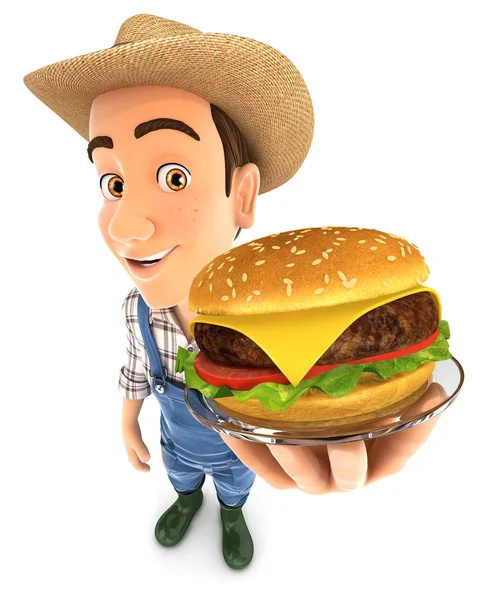 Farmer Holding Plate Hamburger Illustration Isolated White Background — Stockfoto