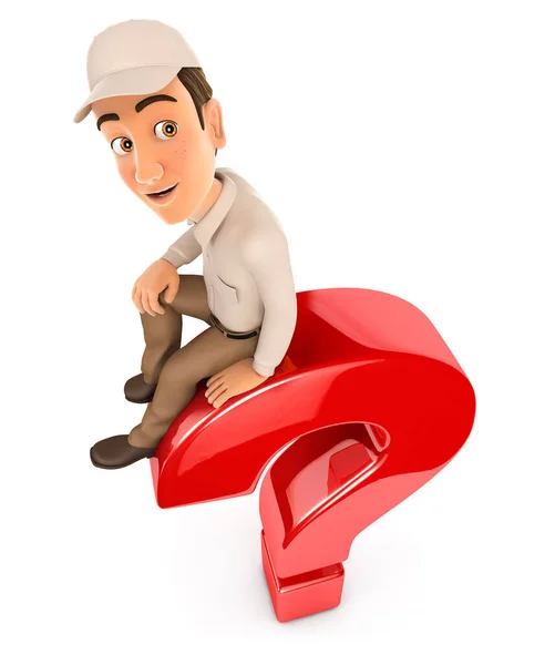 3d delivery man sitting on top of question mark — Stockfoto