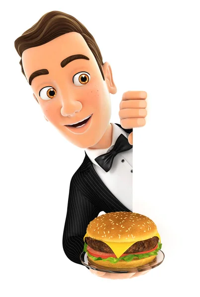 3d waiter behind left wall and holding plate with hamburger — Stok fotoğraf