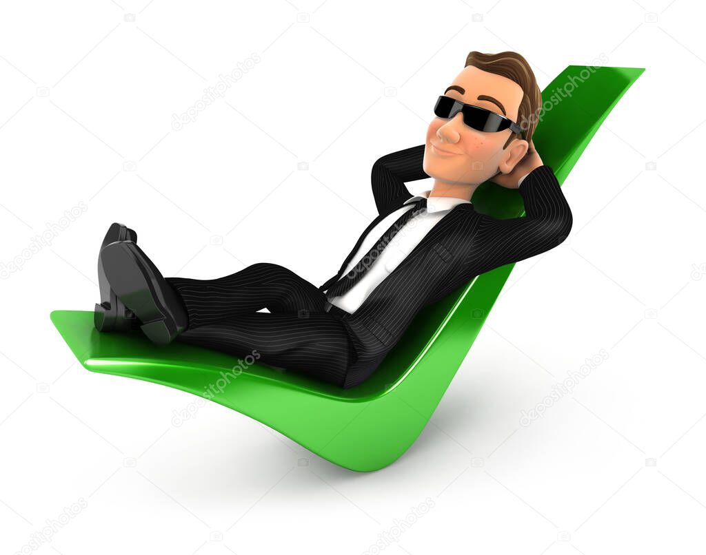 3d security agent relaxed on a check mark, illustration with isolated white background
