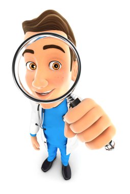 3D doktor, izole edilmiş beyaz arkaplanı olan bir büyütece bakıyor.