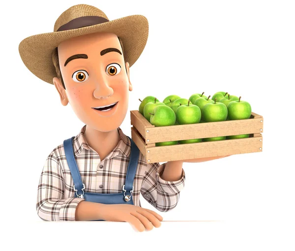 Çiftçi Ahşap Elma Sandığı Tutuyor Resimde Izole Beyaz Arka Plan — Stok fotoğraf