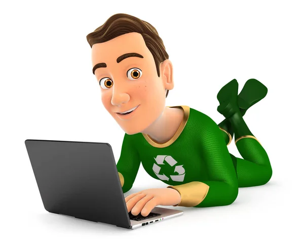 Groene Held Liggend Vloer Met Behulp Van Laptop Illustratie Met — Stockfoto