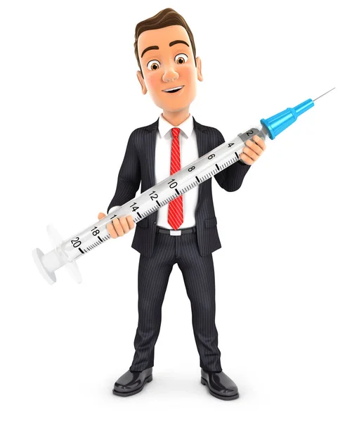 3Dビジネスマン立って注射器を保持 隔離された白い背景とイラスト — ストック写真