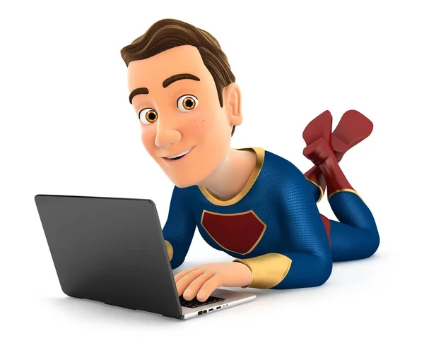Superhjälte Som Ligger Golvet Och Använder Laptop Illustration Med Isolerad — Stockfoto