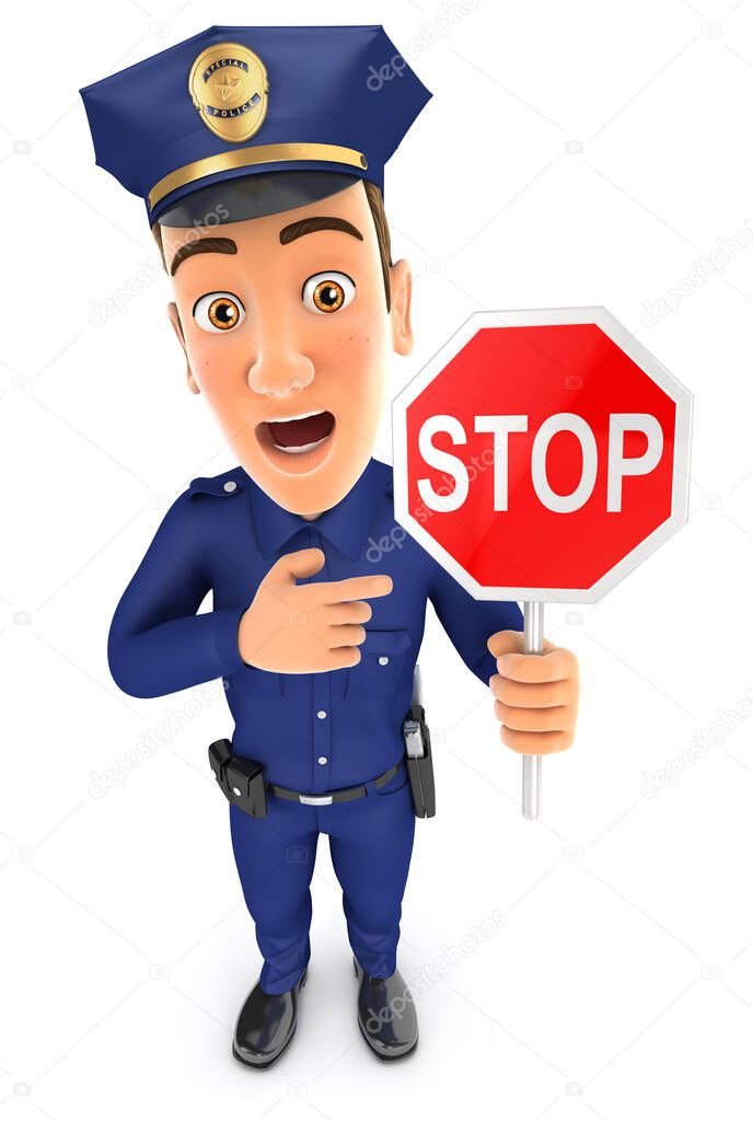 3d policeman holding stop sign, illustration with isolated white background