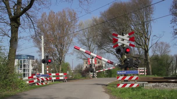 Tram kruising met belemmeringen sluiten — Stockvideo