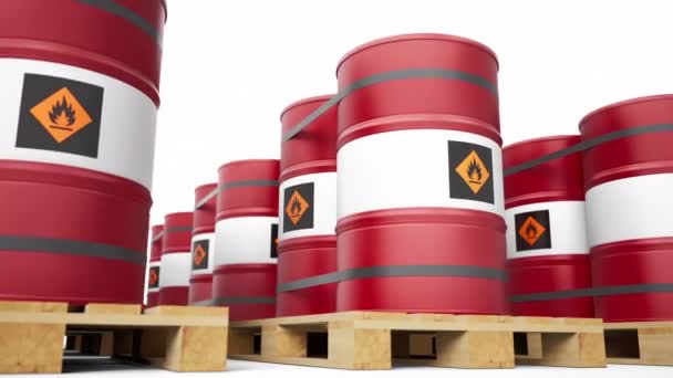 Red Metal Barrels Flammable Symbol Stacked Endless Row Wooden Pallets — Stock Video