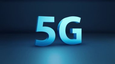 3D 5G kelime mavi arka planda izole, yeni teknoloji teslim kavramı. Kamera dev harflerin yanında kayıyor, 3d cgi 60 fps animasyon.