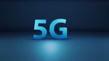3D 5G kelime mavi arka planda izole, yeni teknoloji teslim kavramı. Kamera dev harflere yakınlaştır, 3d cgi 60 fps animasyon.