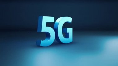 3D 5G kelime mavi arka planda izole, yeni teknoloji teslim kavramı. Kamera dev harflerin yanında döner, 3d cgi 60 fps animasyon.