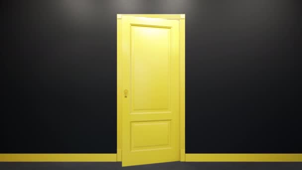 Yellow classic design door opening to green screen, black wall. Camera move through doorway. 60 fps transition animation. — Stock Video