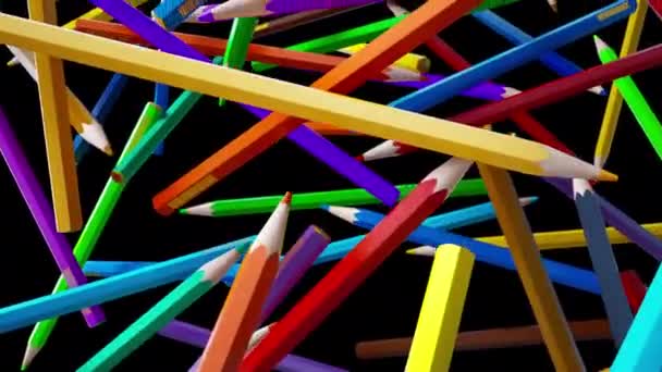 Nekonečná hromada barevných tužek padajících dolů. Nekonečné padající barevné tužky, kapka z mnoha barevných uměleckých tužek. 60 snímků za sekundu klip, černé pozadí za. — Stock video
