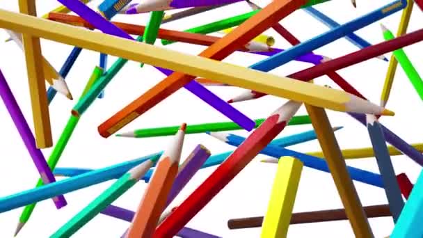 Endless pile of coloring pencils falling down. Endless falling color pencils, drop down of many colored artistic pencils. 60 fps loopable clip, white background behind. — 비디오