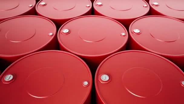 Camera zoom out of endless stack of red metal oil barrels. Closeup of fuel cans, top of petrol drums with filler necks. 60 fps animation — Stock Video