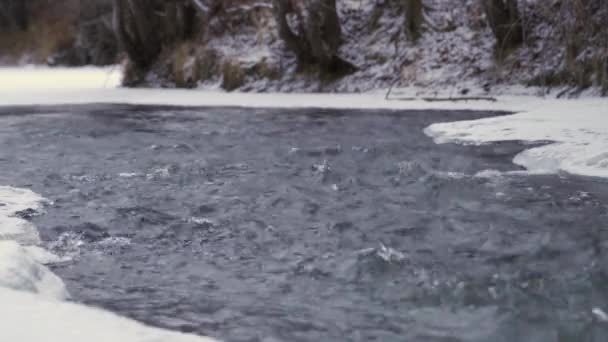 Ghiaccio e neve sul fiume, acqua che scorre — Video Stock